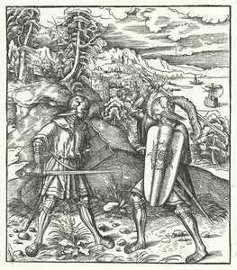 Avusturya Arşidükü Maximilian zırhlı bir kılıçla savaşıyor (gravür) by Hans (after) Burgkmair