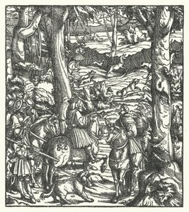 Romalıların Kralı Maximilian I, avlanırken bir mesaj alıyor (gravür) by Hans (after) Burgkmair