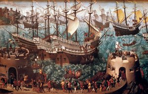 Henry VIII'in (1491-1547) 7/06/1520'de I. François (Camp du Drap d'Or) ile imzalanan ticaret münasebetiyle Henri Grace a Dieu” galionunda Dover'da gemiye binmesi”” Hans Holbein'in tablosu Gençler (1497-1543). 16. yüzyıl Paris, Musee de  by Hans (after) Holbein the Younger