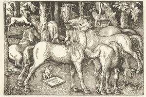 Yedi at ve bir maymun grubu by Hans Baldung Grien