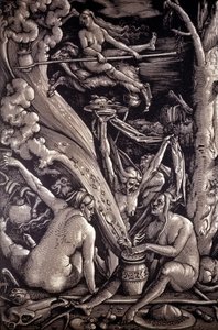 Cadıların Şabat Günü, gravür Hans Baldung Green, Alman ressam, oymacı ve karikatürist (1484-1545).