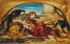 Aslan ve tavus kuşu ile alegorik figür