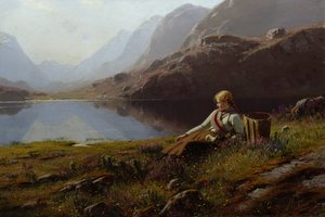 Dağ Gölü Kenarında Örgü Yapan Kız (tuval üzerine yağlı boya) by Hans Dahl