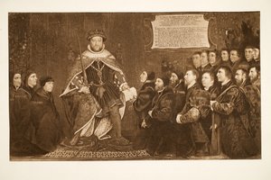 Henry VIII, Berber-Surgeons'a bir tüzük veriyor, c.1543, pub. 1902 (kollotip) by Hans Holbein der Jüngere