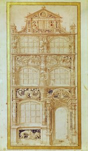 Üç katlı bir evin cephesi ve bir üçgen çatı önerisi (kağıt üzerine kalem ve mürekkep) by Hans Holbein der Jüngere