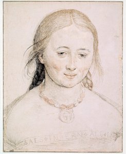 Genç kadının kafası Eski (1460-1524) 16. yüzyıl Güneşi Hans Holbein tarafından metalin, kalemin ve kanın ucundaki çizim. 0,19x0,15 m Paris, Louvre Müzesi