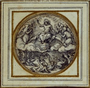 Son Yargı - Bir kolye veya şapka rozeti için tasarım, c.1532-43 (kağıt üzerinde kalem ve mürekkep) by Hans Holbein der Jüngere