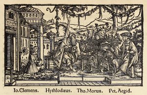 Basel'de yayınlanan, Sir Thomas More'un (1478-1535) 'Ütopya'nın 1518 üçüncü baskısından, yazarın kahramanı Raphael Hythloday ile Ütopya adasında bulduğu ideal toplum hakkında konuşmasını gösteren gravür. Genç Hans Holbein tarafından gravür by Hans Holbein der Jüngere