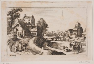 Köy. Solda, başında sepet olan bir kadın ve yanında küçük bir çocuk olan bir yol. by Hans Jørgen Kirksteen