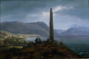 Yakında Balestrand tarafından Leikanger üzerindeki Frithjof anıt taşı (tuval üzerine yağlı boya) by Hans Leganger Reusch