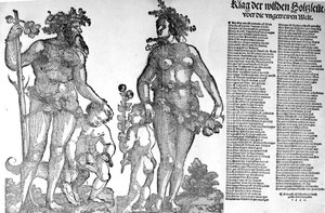 Ormanın vahşi adamlarının, daha da kötüye giden bir dünyadan çekilmesi üzerine, Hans Guldenmundt tarafından yapılan gravür, 1545