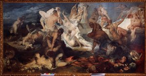 Centaurlar ve Lapitler veya Laphites Savaşı (Centaurlar ve Lapitler Savaşı). Yunan mitolojisinde, Lapithler centaurları katletti. Hans Makart'ın (1840-1884) tablosu. Tuval üzerine yağlıboya. Avusturya sanatı, art nouveau dönemi. F Eyalet Müzesi