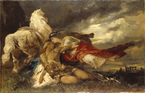 Valkyrie et un heros mourant - Valkyrie ve Ölen Bir Kahraman, Makart, Hans (1840-1884). Tuval üzerine yağlıboya. Boyut : 130x200 cm. Ulusal Müze Stockholm by Hans Makart