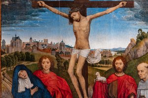 Bakire, Vaftizci Yahya ve Evangelist, Mary Magdalena ve iki manastır başrahipiyle çarmıha gerilmiş İsa, ayrıntı by Hans Memling