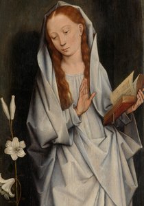 Müjde'yi gösteren bir çift kanadın arkasından Bakire'nin detayı (panel üzerinde yağlı boya) by Hans Memling