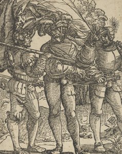 Her iki tarafta bir Lansquenet tarafından kuşatılmış bir Standart Taşıyıcı kopyası. by Hans Schäufelein the Elder