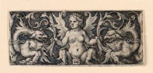 Kanatlı kadın figürlü friz ve iki grotesk horoz by Hans Sebald Beham