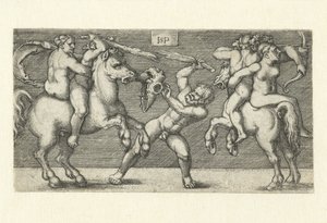 At sırtında kadınlar ve ayakta duran bir adamla iki adam arasında kavga by Hans Sebald Beham