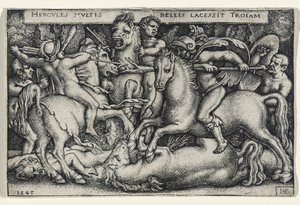 Truva Atlarına Karşı Savaşan Herkül, 1545 (kağıt üzerine gravür) by Hans Sebald Beham