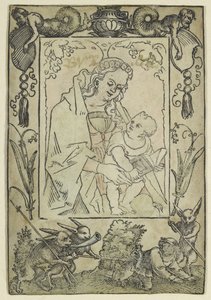 Bakire ve Çocuk, bir Sınırla çevrili bir Avcı ve bazı Tavşanlar (tahta baskı, suluboyada fazla işlenmiş, parşömen üzerine basılmış) by Hans Sebald Beham