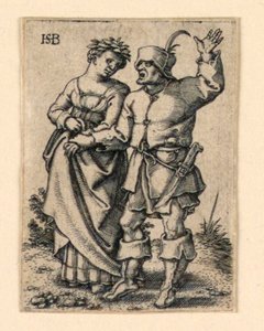 Düğün Alayı: Sola yürüyen çift, çelenk takan kadın by Hans Sebald Beham