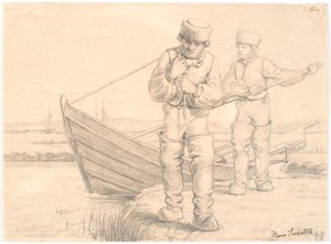 İki Limfjord balıkçısı bir tekne çekiyor by Hans Smidth