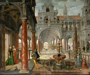 Seçkin ziyaretçileri olan bir saray - Seçkin ziyaretçileri olan saray - Hans Vredeman de Vries (Jan de Vriese veya Friedman of Friesland) (1526-1606). Tuval üzerine yağlı boya, c. 1596. Boyut: 137x164 cm. Sanat Tarihi Müzesi, Viyana