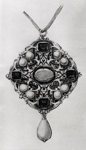 Yakut, safir ve incilerden oluşan bir kolye seti için tasarım (kalem ve siyah mürekkep, kağıt üzerinde yıkama ve tuvalet) by Hans attr. to Holbein the Younger
