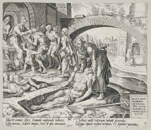 Ne mutlu merhametlilere. Tobit ölüleri gömüyor, çıplakları giydiriyor ve açları doyuruyor. by Harmen Jansz. Muller