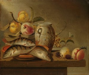 Toprak Kavanoz, Balık ve Meyve ile Natürmort by Harmen Steenwijck
