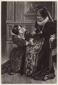Helena dizlerinin üzerinde artık aşkının sahibiydi ve utanç ve korku içinde asil metresinin affını diledi. by Harold Copping