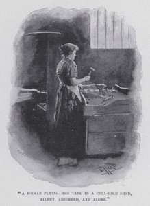 "Hücre benzeri bir kulübede işini yapan bir kadın, sessiz, dalgın ve yalnız" (s/b fotoğraf) by Harold Hume Piffard