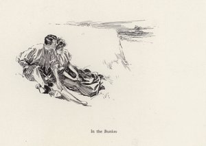 Golf sahasında bir sığınakta romantik bir kucaklamada çift (litho) by Harrison Fisher