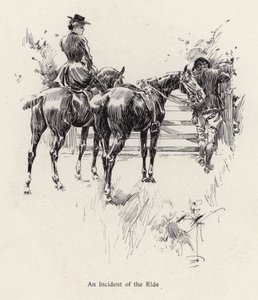 Bir kapıyı açmak için duraklayan at binicileri (lito) by Harrison Fisher