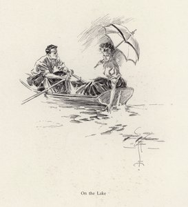 Erkek ve kadın gölde bir kayıkta (litho)