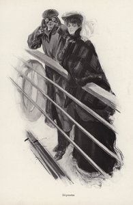 Bir geminin korkuluklarına bakan kadın ve erkek (litho) by Harrison Fisher