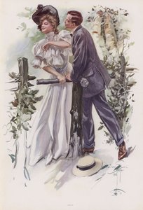 Genç bir kadından öpücük çalmaya çalışan adam (renkli taş)