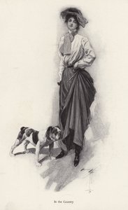 Bulldog (litho) ile kırsal kesim için giyinmiş bir kadının portresi by Harrison Fisher