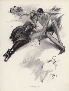 Sahilde kuma kalp çizen iki sevgili (lito) by Harrison Fisher