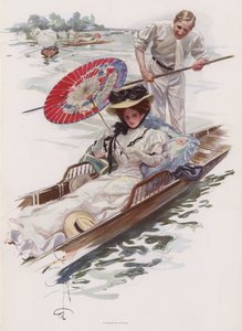 Genç Amerikalı kadın bir İngiliz nehrinde (renkli taş) bir punt yolculuğunun keyfini çıkarıyor. by Harrison Fisher