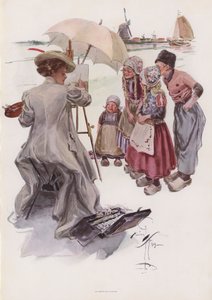 Hollandalı bir sahneyi boyayan genç Amerikalı kadın (renkli taş) by Harrison Fisher