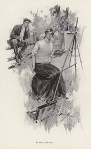 Genç bir kadın ressam, genç bir adam bakarken kırsalda resim yapıyor (litho) by Harrison Fisher