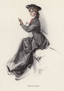 Genç kadın ata binmeye hazırlanıyor (renkli taş) by Harrison Fisher