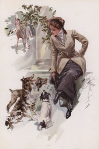 Binicilik alışkanlığı olan genç bir kadın köpekleriyle oturuyor (renkli litho) by Harrison Fisher