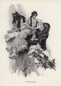 Bir buket çiçek ve bir hayranından mektup alan genç kadın (litho) by Harrison Fisher