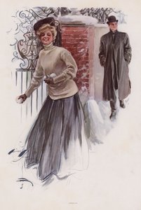Bir erkeğe kartopu atmak için bekleyen genç kadın (renkli taş) by Harrison Fisher