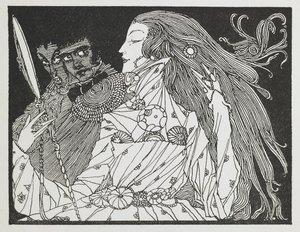 'Külkedisi' hikayesi için bir illüstrasyon. El aynasındaki yansımasına bakan bir kadın by Harry Clarke