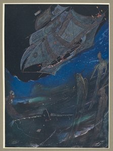 Denizde bir gemiyi ve altındaki balıkları gösteren bir illüstrasyon. by Harry Clarke