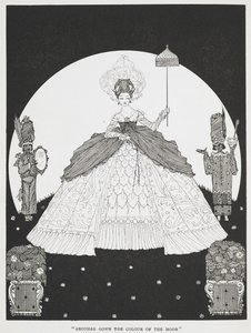 "Ay renginde bir elbise daha". 'Eşek derisi' hikayesi için bir illüstrasyon. Elinde bir şemsiye tutan güzel bir prenses, iki yanında da iki hizmetçi duruyor. by Harry Clarke