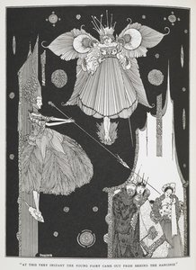 "Tam o anda genç peri perdelerin arkasından çıktı." 'Ormanda Uyuyan Güzel' öyküsünün illüstrasyonu. by Harry Clarke